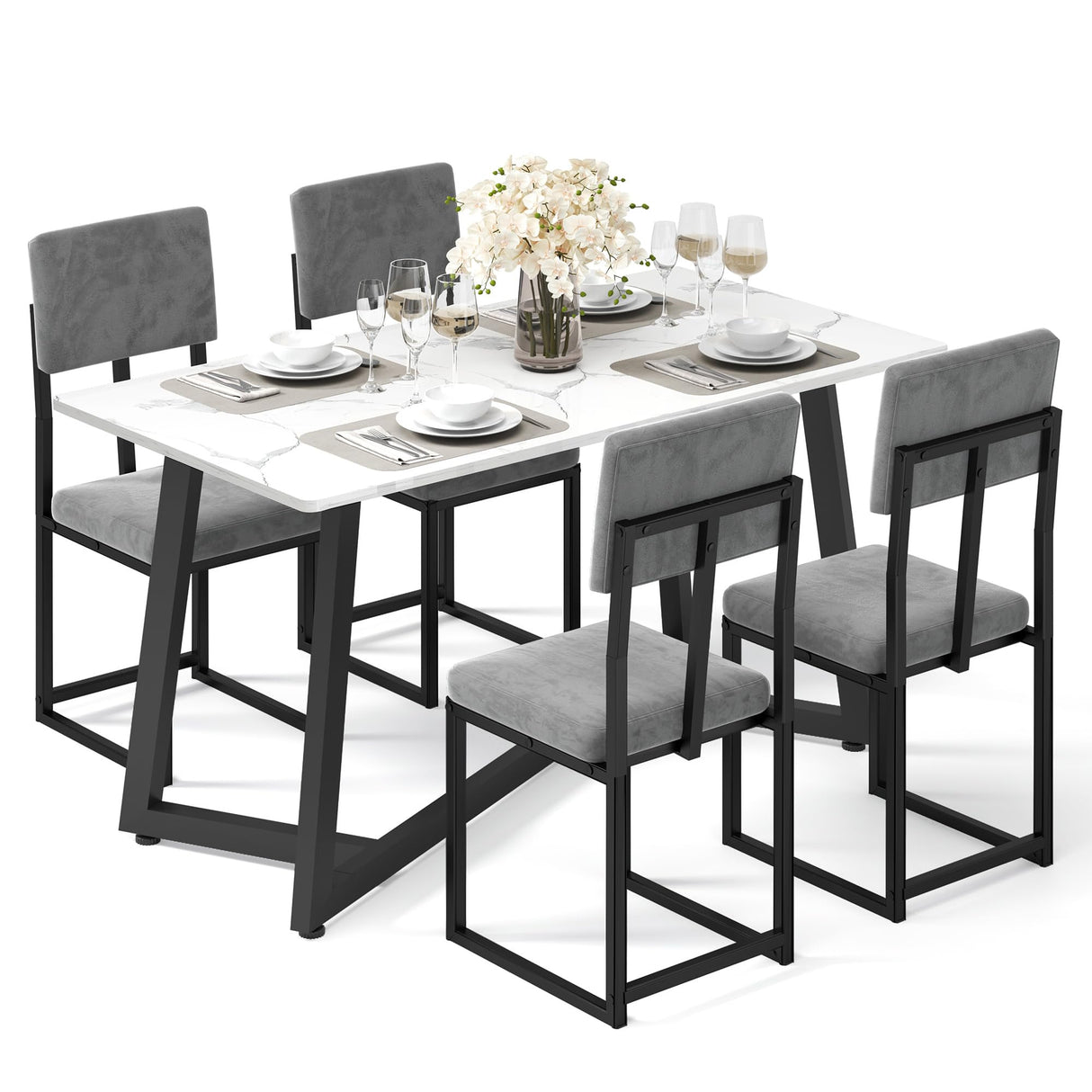 HUGROVE 5-Piece Dining Set, 47.24-Inch Faux Marble Dining Table Set for 4, Modern Minimalist Kitchen & Dining Room Set with Velvet Upholstered Chairs for Small Spaces, Apartments (Charcoal) HUGROVE
