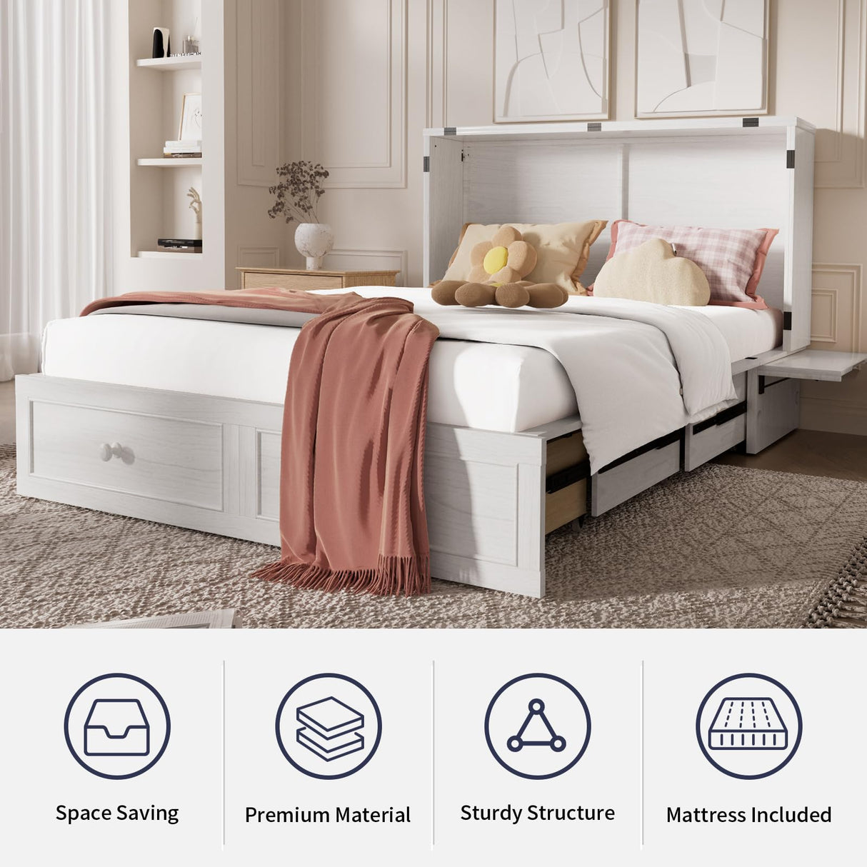 ijuicy Murphy Bed Queen with Foam Mattress, Convenient Murphy Bed Cabinet with Charging Station & Storage Board, Bed That Folds into Cabinet with Large Storage Drawer for Bedroom,Guest Room(White) ijuicy