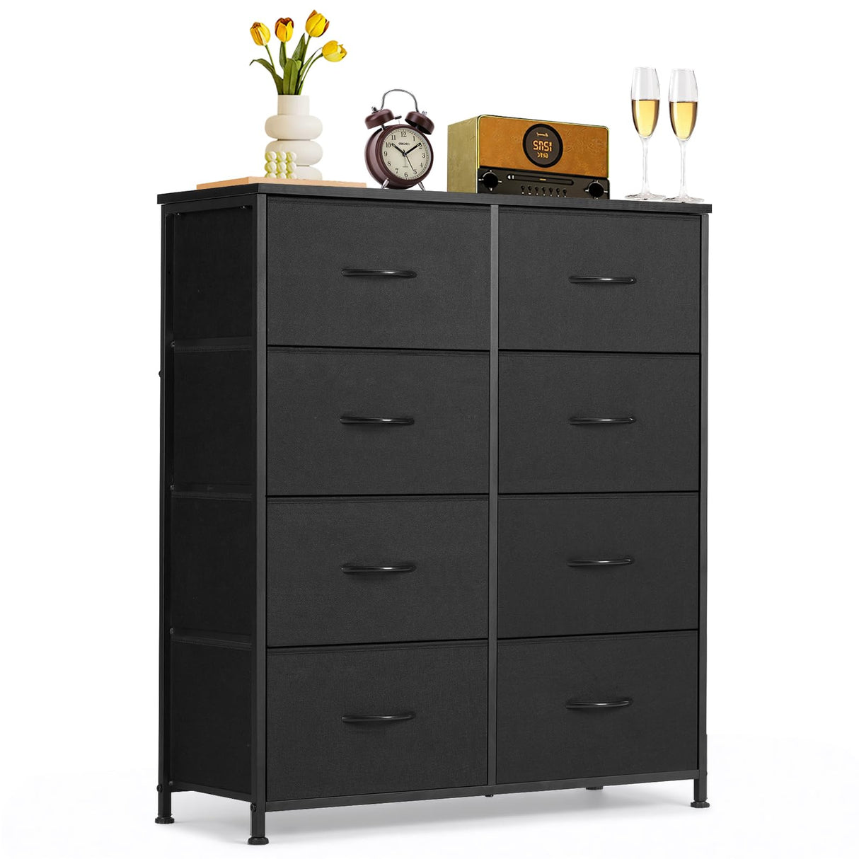 8-Drawer Dresser for Bedroom, Anti-Tip Tall Storage Organizer Chest of Drawers with Wooden Top and Metal Frame Fabric Bins for Closet, Living Room, Hallway, Entryway, Black SageNest