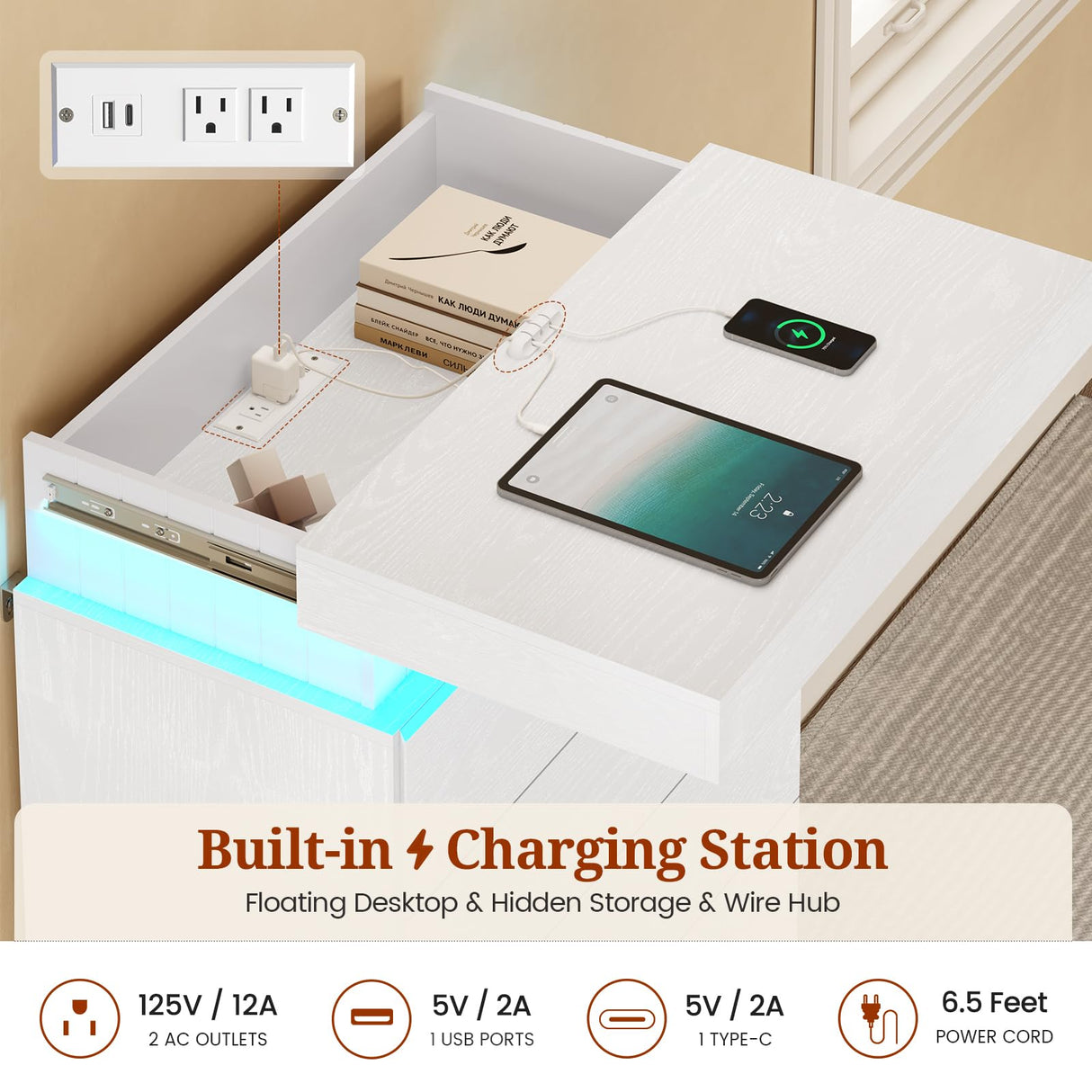 UPOSOJA Tall White Dresser for Bedroom, Modern 6 Wood Drawers with LED Light and Power Outlet, Floating Dressers for Closet, Large Chest of Drawer for Living Room, Hallway, Entryway (6 Drawers,White) UPOSOJA