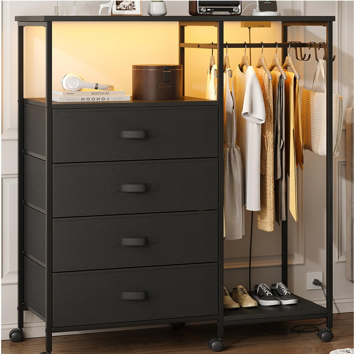 Seeday Dresser for Bedroom with Clothes Rack, 4 Drawers Dresser with Charging Station and LED Lights, Storage Chest of Drawers with Wheels, Wooden Top, for Closet, Living Room, Hallway, Black Seeday