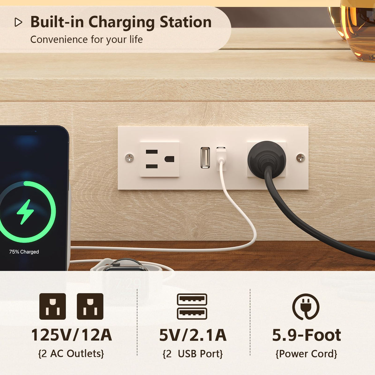 75.2" Farmhouse Vanity Desk with Mirror and Lights, Makeup Vanity Table with 5 Drawers & 2 Sliding RGB Door & Power Outlet, 3 Color Lighting Modes, Big Vanity for Bedroom, Antique White CSZZD