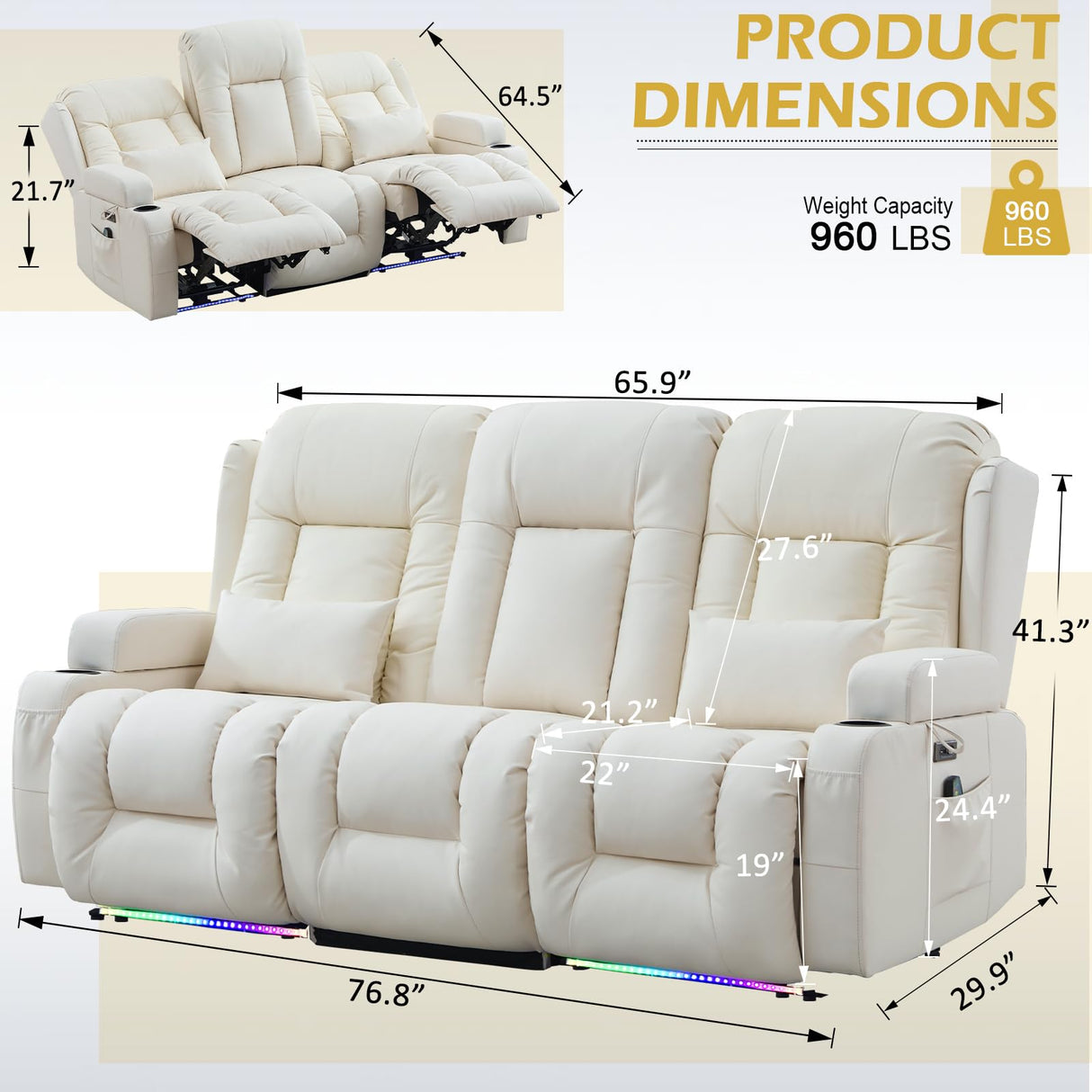 SENIFIS Loveseat Recliner Sofa, Leather Sofa with Massage & Heating, Home Theater Seating Power Reclining Loveseat with Outlet/LED Light/Cup Holders/Lumbar Pillows (Beige, 3 Seat) SENIFIS