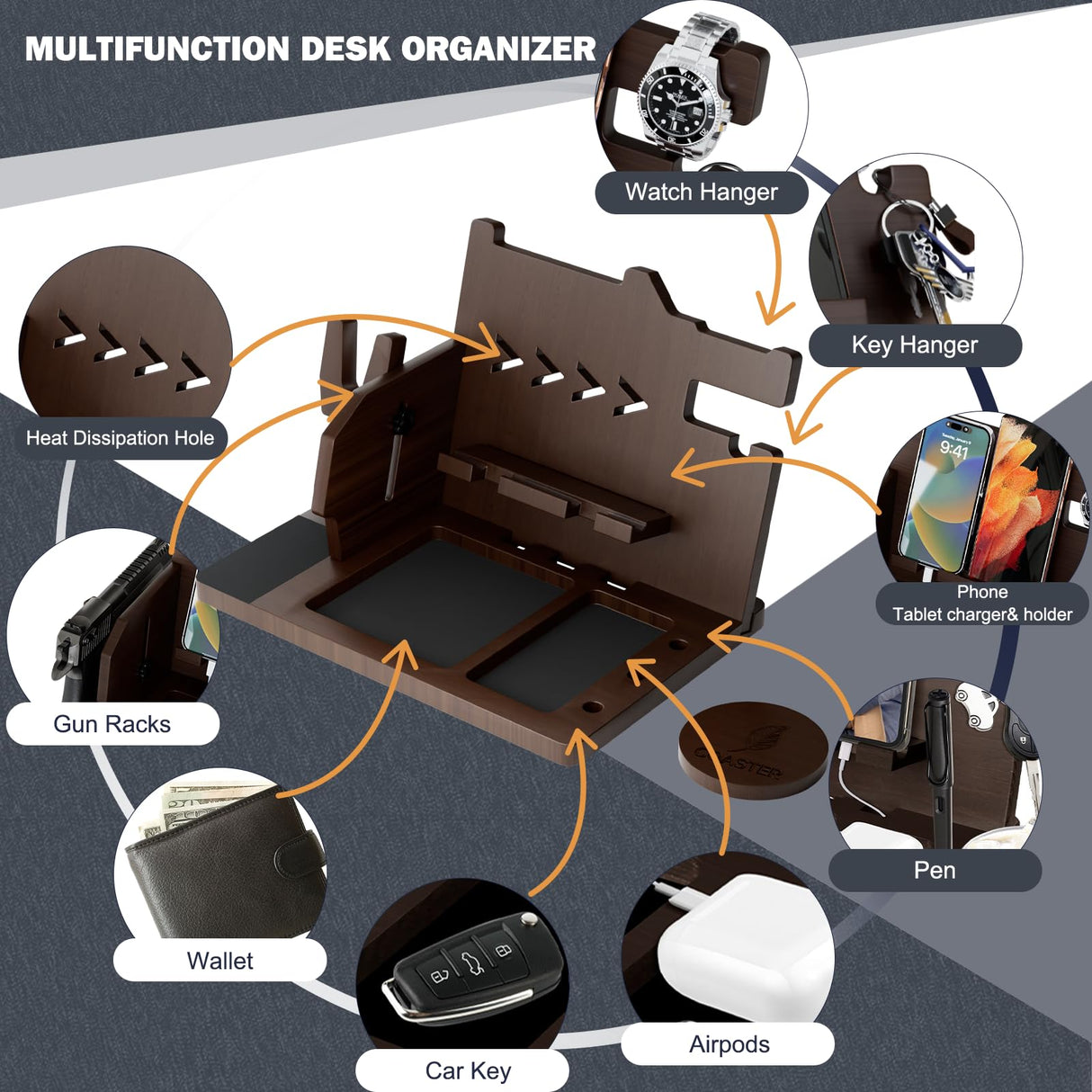 LMDGDS Wood Gun Rack Phone Docking Station, Nightstand Charging Organizer with Pistol Rack for Gun Safe, Key Holder Watch Wallet Stand Birthday Gift for Him Men Husband Dad Boyfriend LMDGDS