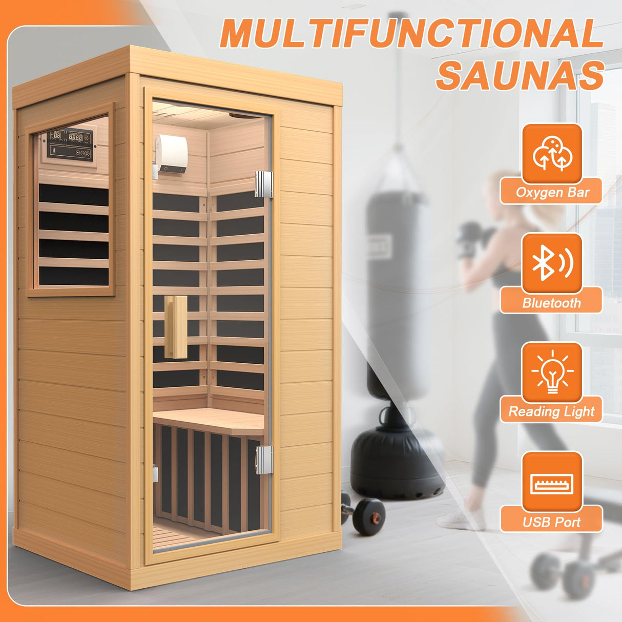 Far Infrared Sauna, Canadian Hemlock Wood Sauna Spa Room for Indoor,1062W 110V Low EMF Saunas with Control Panel and Integrated Speakers, Mini Home Sauna Room for One Person (Wood) OUTARFIE