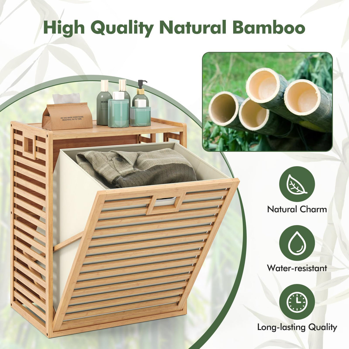 Giantex Tilt Out Laundry Hamper, Bamboo Laundry Storage Cabinet with Removable & Foldable Fabric Bin, Top Shelf, Laundry Basket Organizer for Bathroom, Laundry Room, Living Room, Bedroom, Natural Giantex