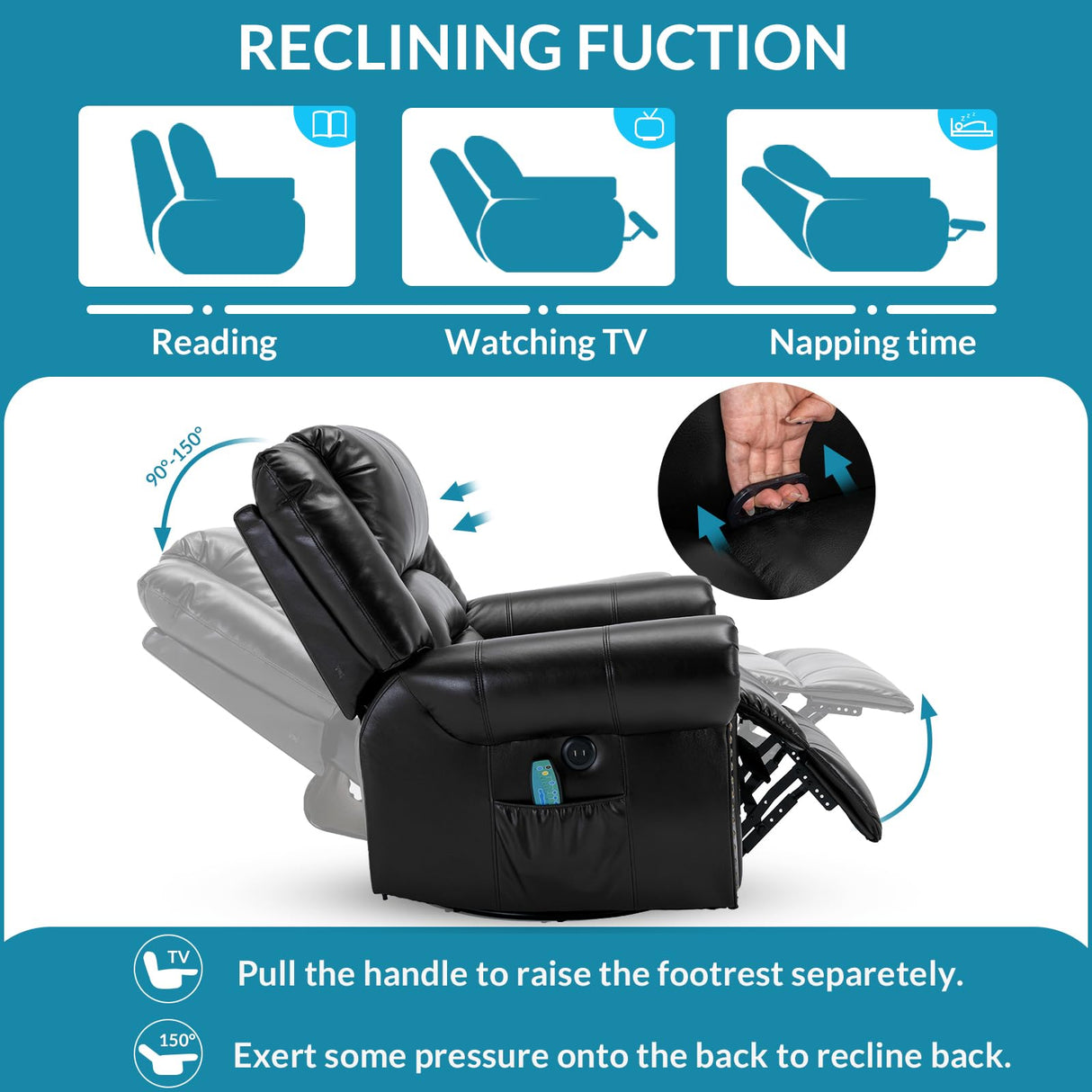 OUINCH Manual 360 Degree Swivel Glider Rocker Recliner Chair with Massage and Heat, USB Ports and 2 Side Pockets, Faux Leather, Black OUINCH