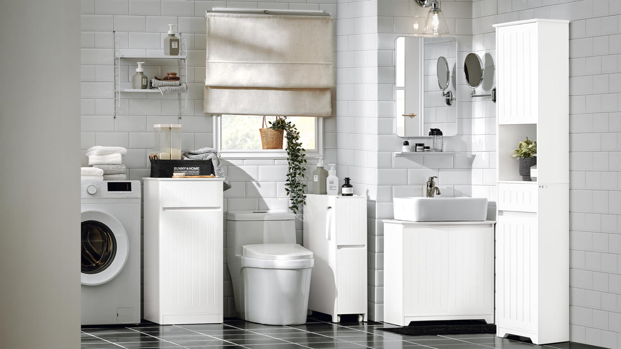 SoBuy Small Laundry Hamper Cabinet Tilt-Out, Bathroom Chest Storage Unit with Drawer, Hidden Basket White BZR110-W SoBuy