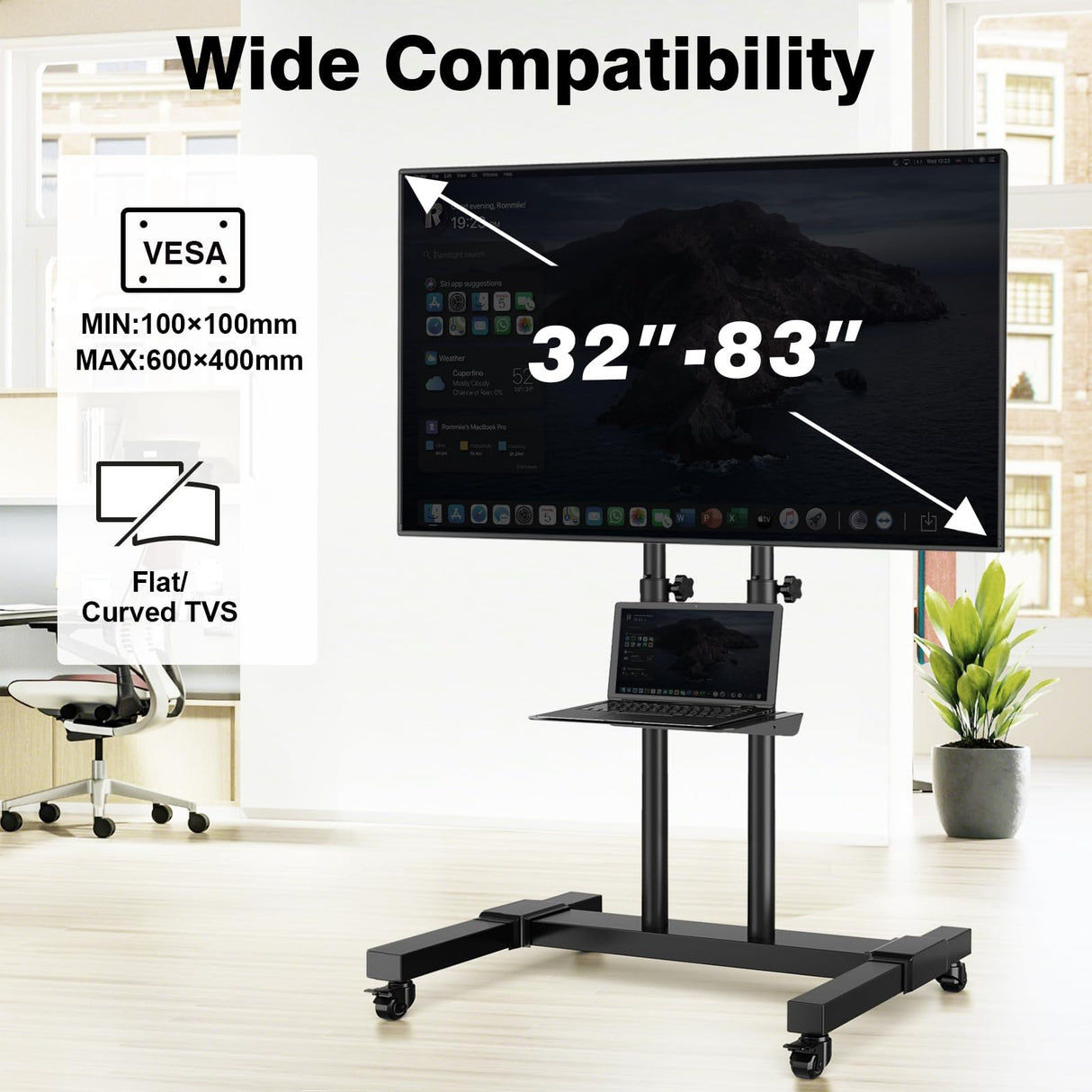 TAVR Furniture Mobile TV Stand Rolling TV Cart Floor Stand with Mount on Lockable Wheels Height Adjustable for 32-83 Inch TV Stand Flat Screen or Curved TVs Monitors Display Trolley Loading 110 lbs TAVR Furniture