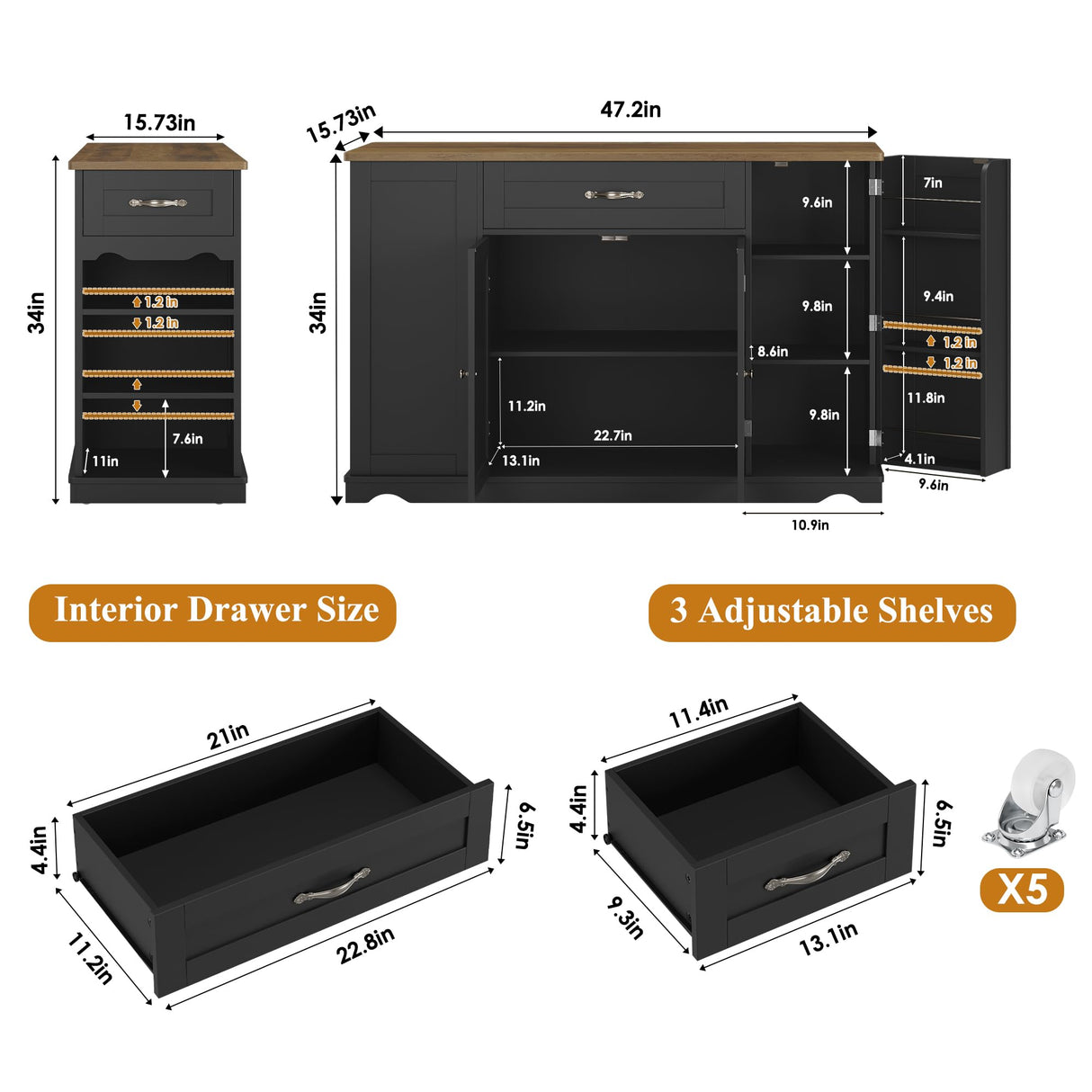 HOSTACK Kitchen Island Cart with Storage, 47'' Kitchen Storage Island on Wheels with 2 Drawers, Rolling Island Table with Adjustable Shelves, Mobile Buffet Sideboard Cabinet for Dining Room, Black HOSTACK