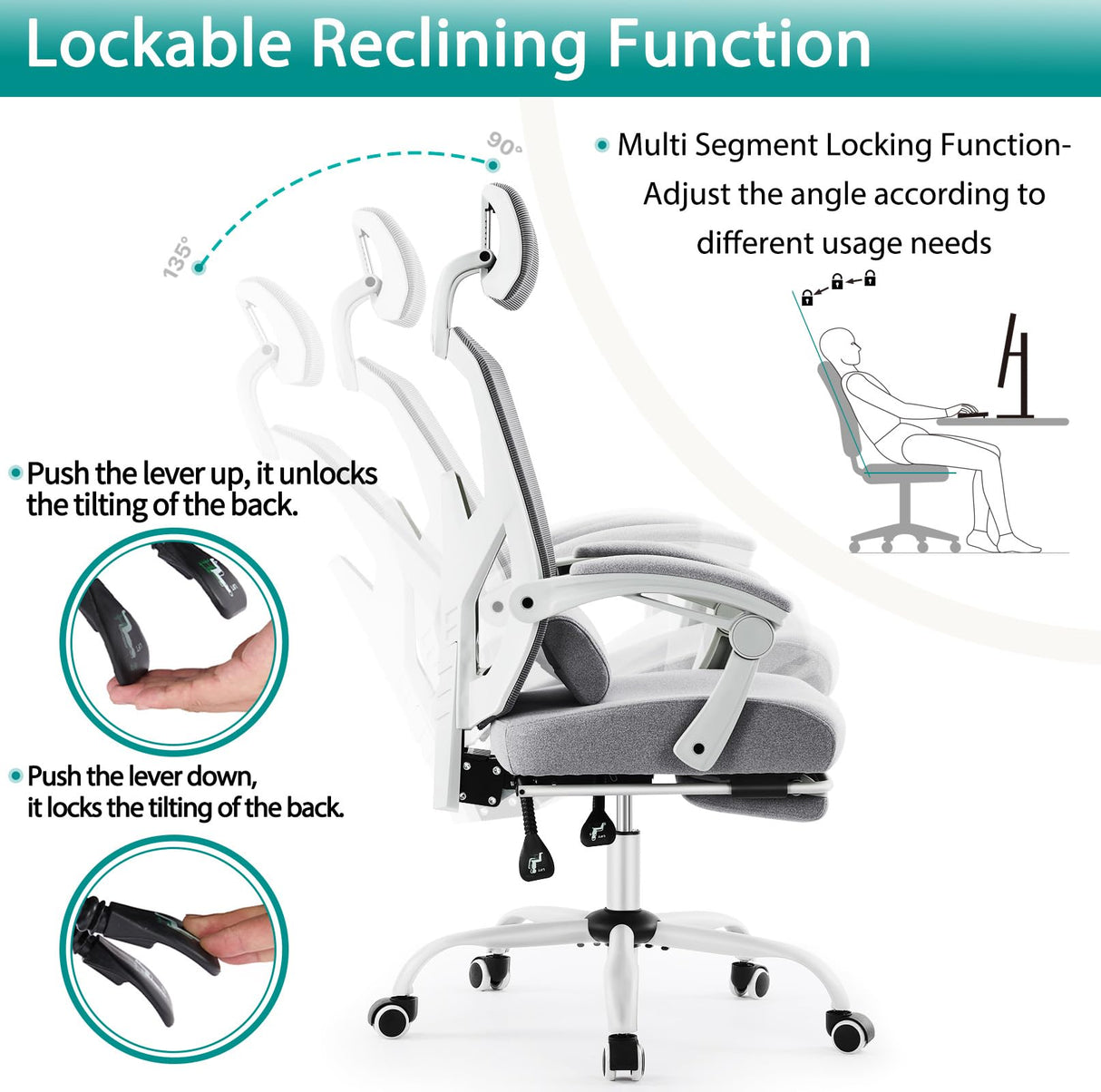 DUMOS Home Office Desk Chair with Footrest, High-Back Mesh Rolling Swivel Reclining Chairs with Wheels, Comfortable Headrest, Lumbar Support, Comfy Arms for Home, Office, Gaming, Student, Grey DUMOS