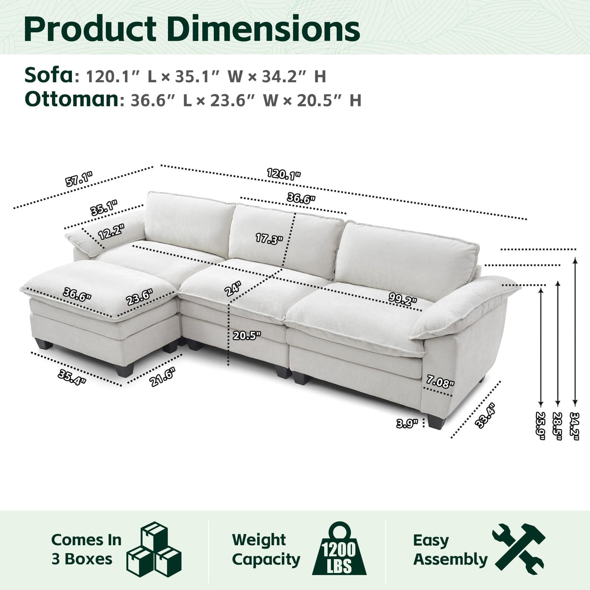 mestyl Comfy Sectional Couch with Ottoman, L Shaped 3 Deep Seat Fluffy Cloud Sofa, 120" Modern Modular Soft Couches Set for Living Room, Chenille, Beige White, MT001 mestyl
