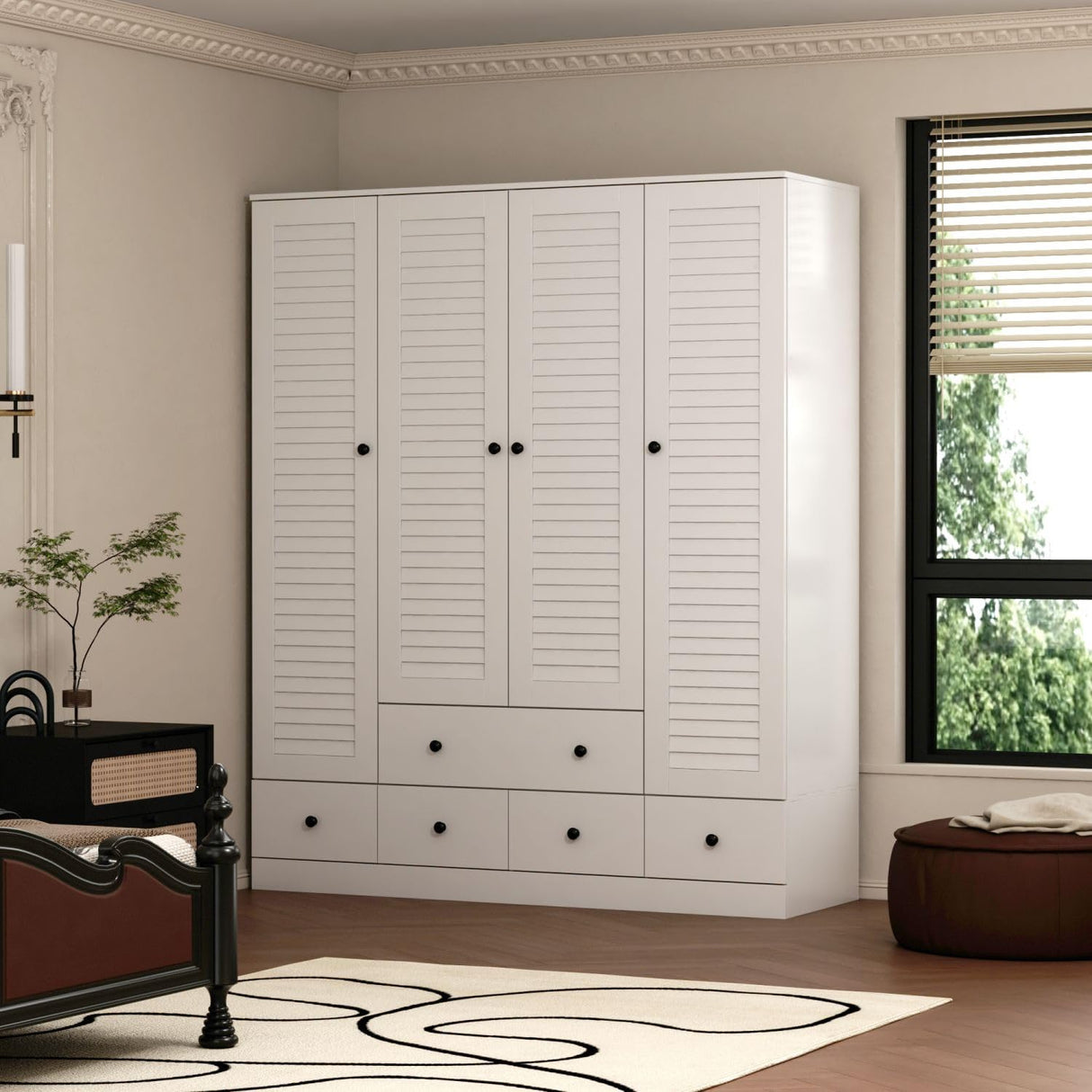 MOUMON 4 Shutter Door Wardrobe Armoire Closet with Shelves and Drawers, Armoire Wardrobe Closet with 2 Hanging Rods, for Bedroom White (59”W x 19”D x 70.9”H) MOUMON