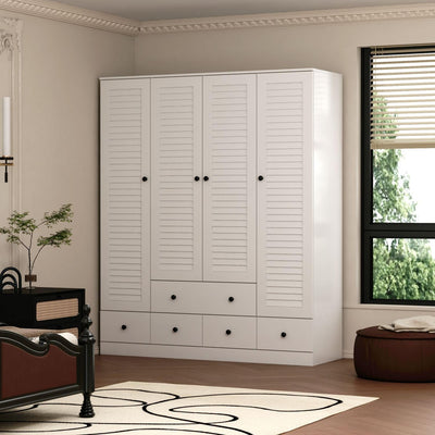 MOUMON 4 Shutter Door Wardrobe Armoire Closet with Shelves and Drawers, Armoire Wardrobe Closet with 2 Hanging Rods, for Bedroom White (59”W x 19”D x 70.9”H)