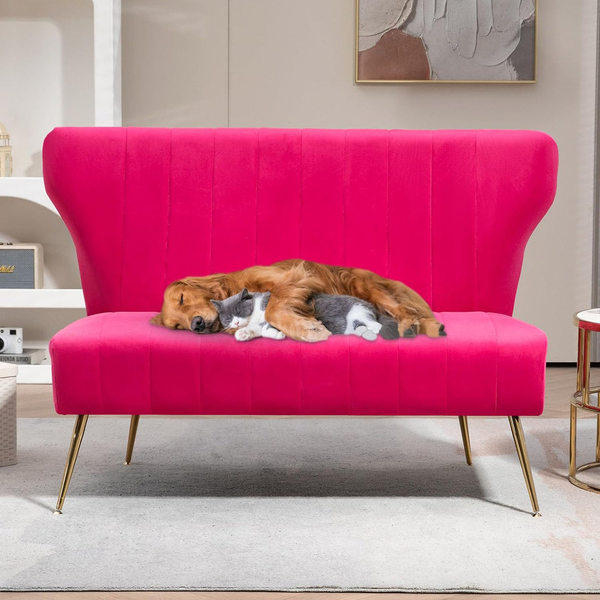 WQSLHX 50’’ Velvet Modern Armless Loveseat Sofa, Upholstered Small Wingback Couch Sofa with Golden Metal Legs, 2 Seater Tufted Couch for Bedroom, Apartment Small Space WQSLHX