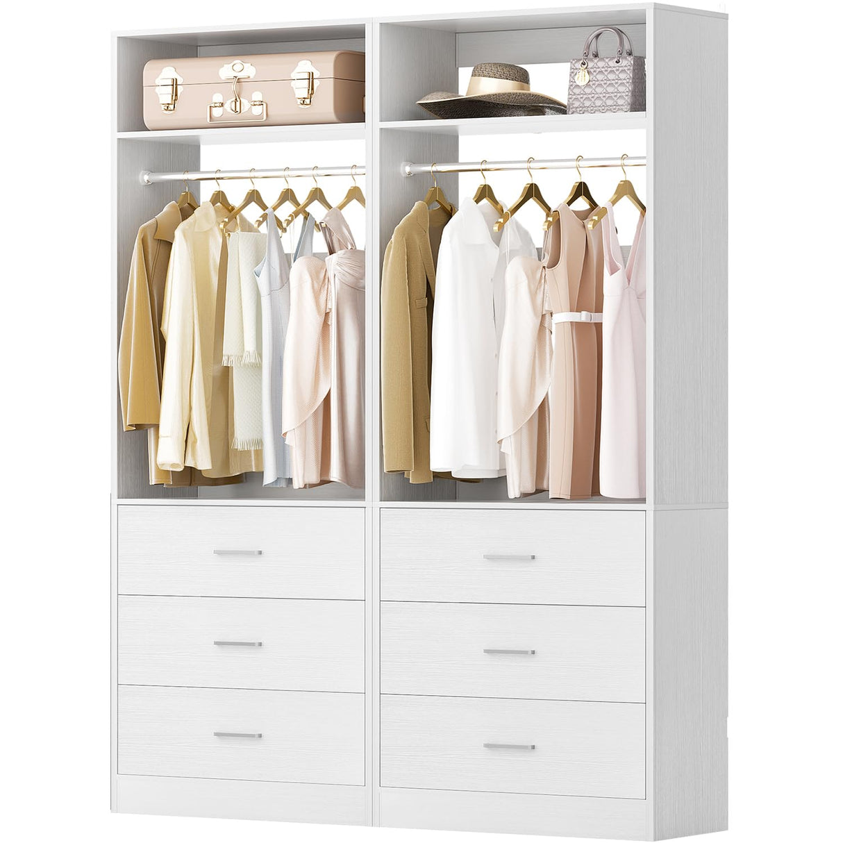 Besiost Closet System Set of 2, 4FT Closet Systems with 6 Wood Drawers, 48" Closet Organizer System with 2 Hanging Rods & 2 Shelves, Heavy Duty 48 Inch Walk-in Closet , White (48"L x 15" W x 80" H) Besiost