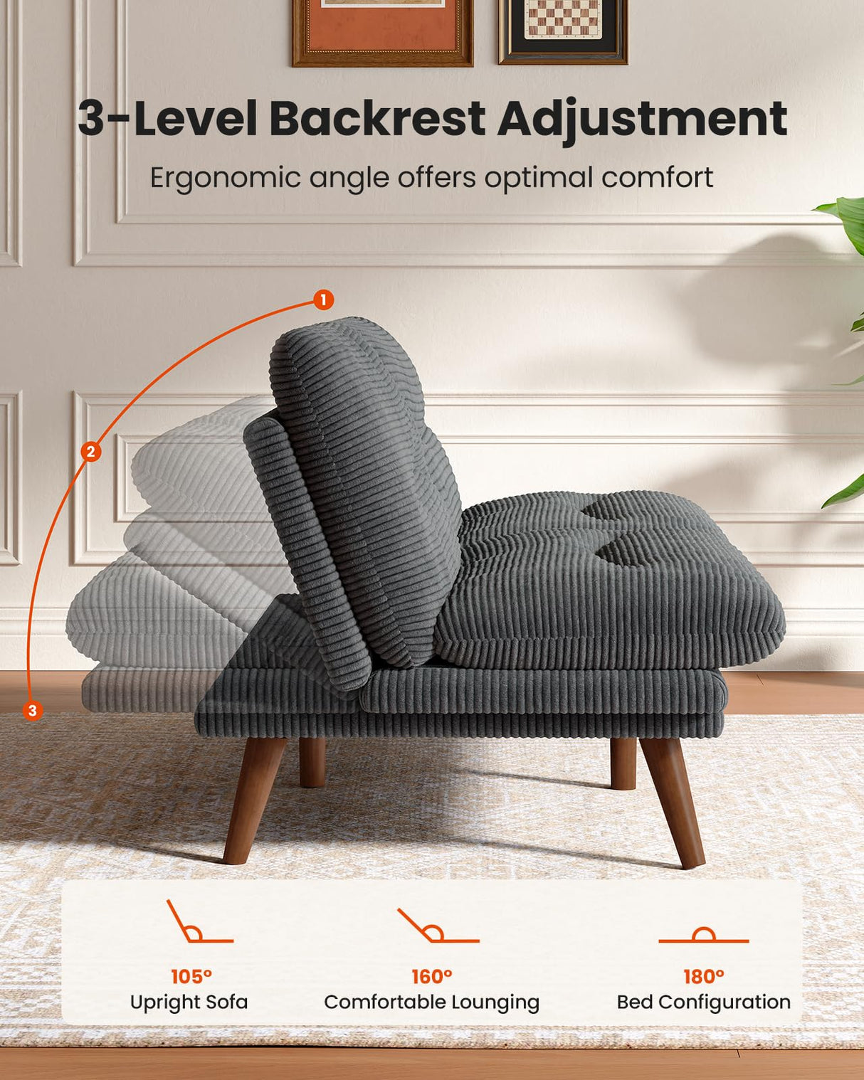 75″ Futon Sofa Bed, 3-in-1 Futon Couch w/Adjustable Backrest & Armrests, Corduroy Convertible Sleeper Sofa Bed, Folding Sleeper Recliner w/Removable Cushion for Apartment, Living Room, Office,Grey AMADA HOMEFURNISHING