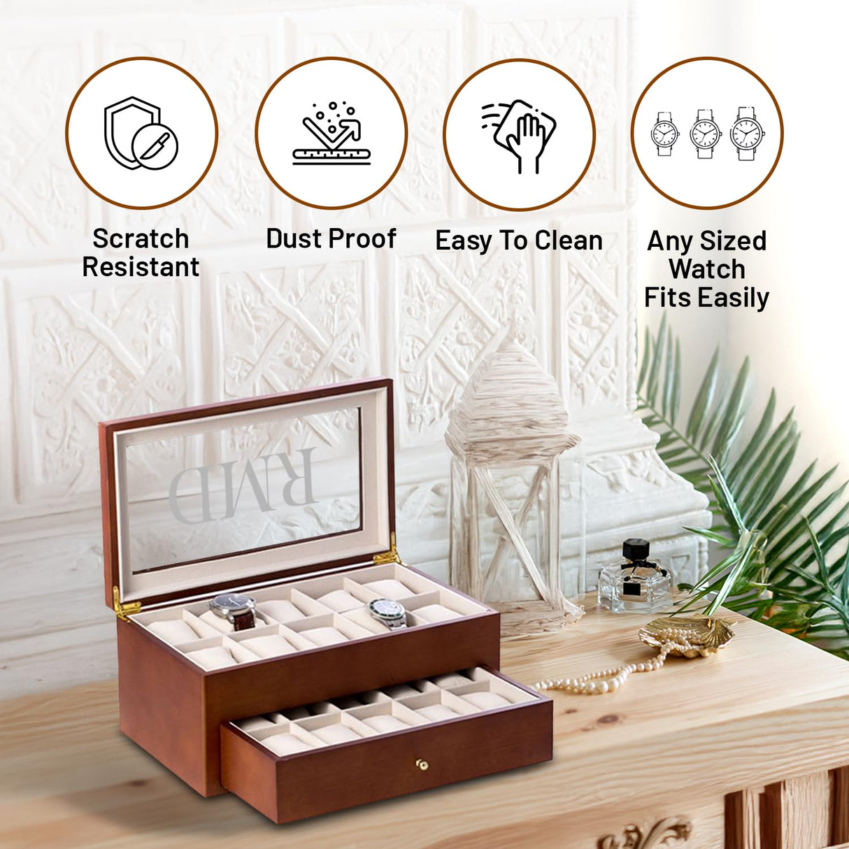 Bey-Berk Bosh Personalized Cherry Custom Wood Watch Box – 20-Slot Organizer with Glass Top, Drawer & Lining Bey-Berk