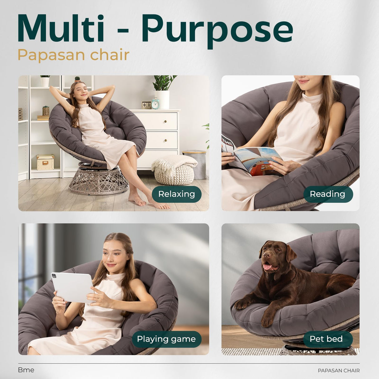 Bme 40" Ergonomic Wicker Papasan Chair with Soft Thick Density Fabric Cushion, High Capacity Steel Frame, 360 Degree Swivel for Living, Bedroom, Reading Room, Lounge Bme