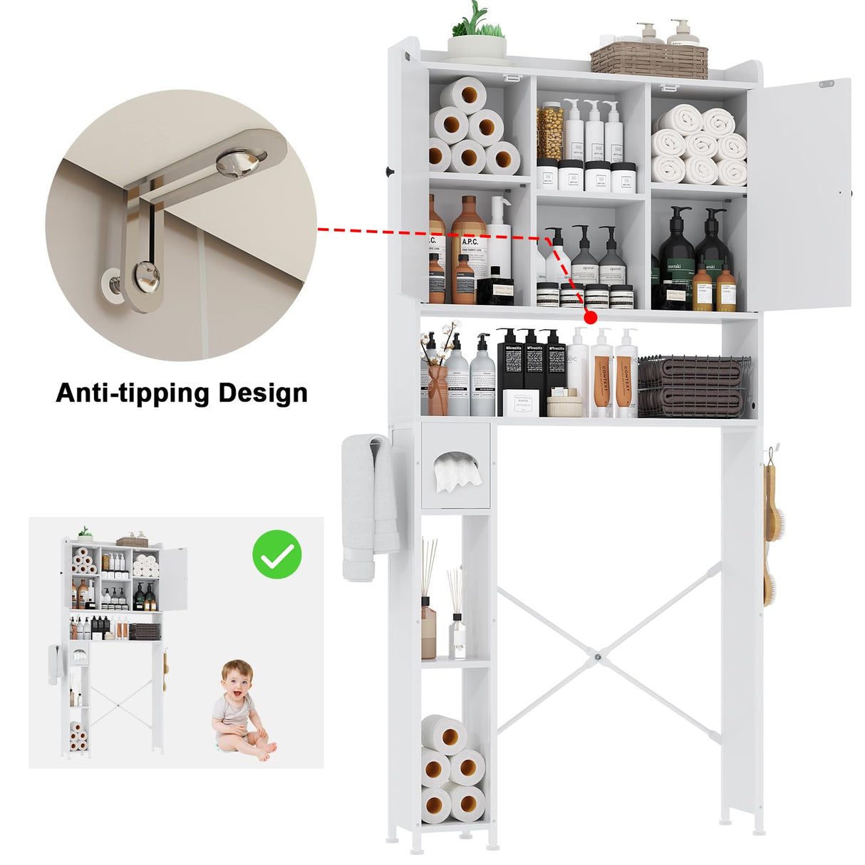 EasyCom Over The Toilet Storage Cabinet with Metal Frame and 7 Storage Shelves, Bathroom Organizer with Adjustable Shelves, Paper Holder and Racks, Farmhouse Storage Cabinet for Laundry, White EasyCom