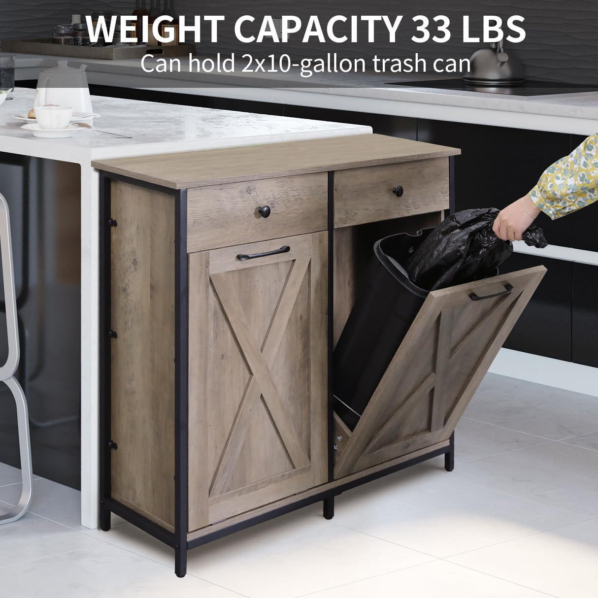 MAMIZO Double Tilt Out Trash Cabinet 10 Gallon*2,Kitchen Garbage Cabinet,Pet-Proof Standing Hidden Dual Laundry Sorter,W/Hideaway Drawer,for Kitchen,Living,Dining Room (Greige) MAMIZO