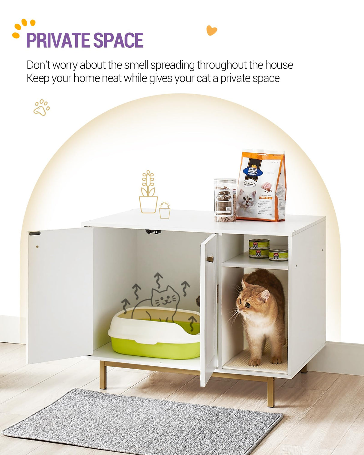 Hzuaneri Cat Litter Box Enclosure, Hidden Litter Box Furniture, Wooden Pet House Side End Table, Storage Cabinet Bench for Living Room, Bedroom, 31.5 x 19.7 x 23.9 inches, White and Gold 01503GCLB Hzuaneri
