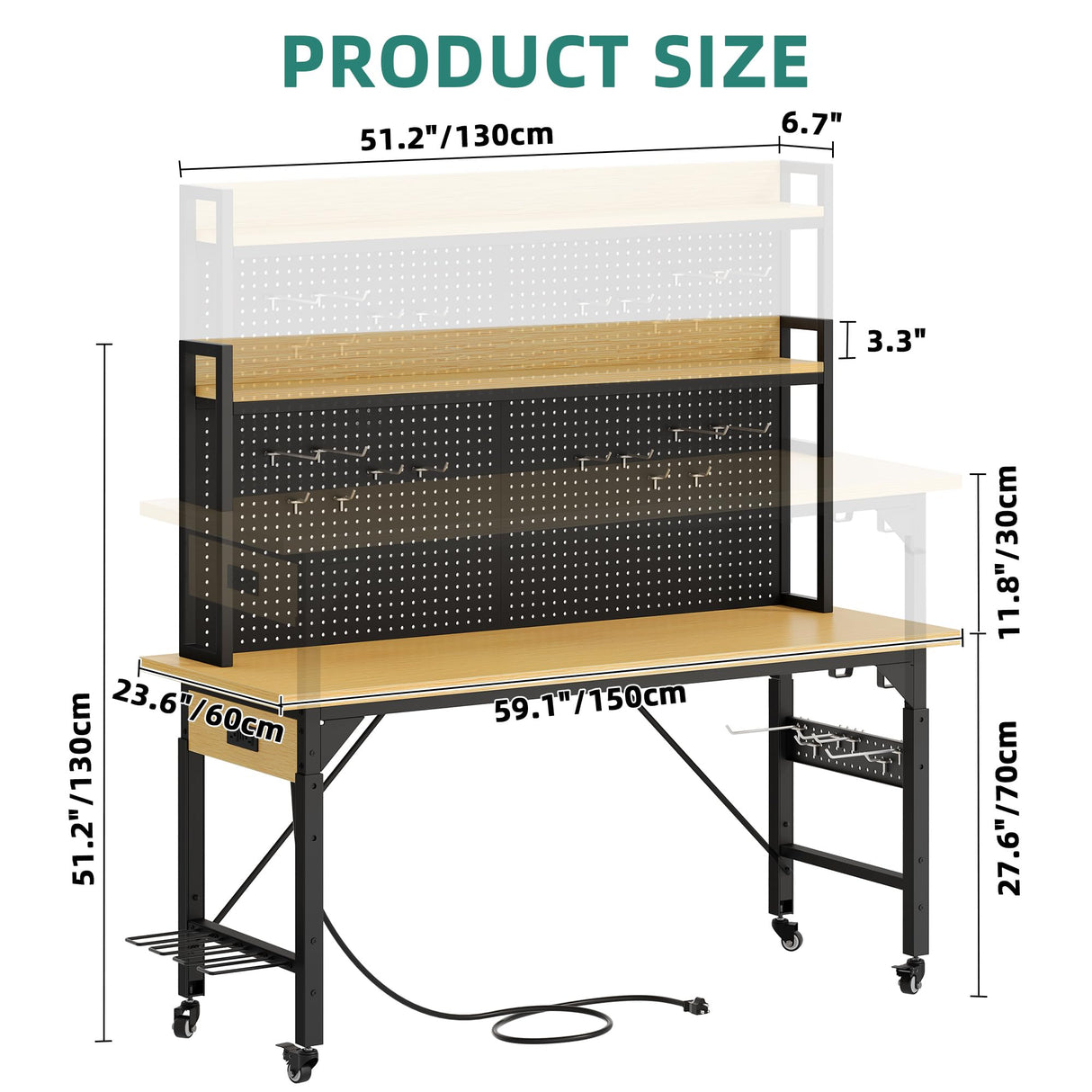 YITAHOME 60" Adjustable Workbench with Pegboard, Wheels & 1600 LB Capacity, Rolling Work Table with AC/USB Outlets, Hooks, and Rack, Heavy-Duty Work Bench for Garage, Workshop, Office, or Home YITAHOME