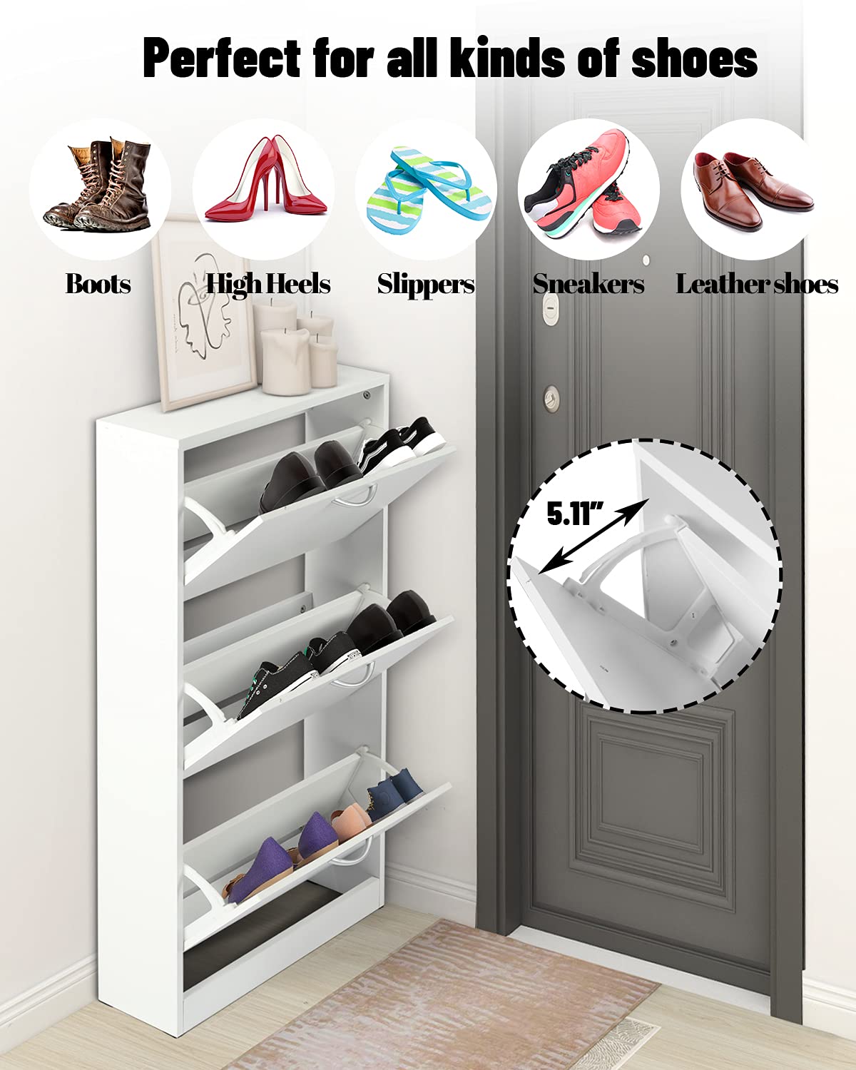 HOPUBUY Shoe Cabinet for Entryway, White Narrow Shoe Storage Cabinet Flip Down Shoe Rack Wood 3 Tier Shoe Organizer for Home and Apartment HOPUBUY