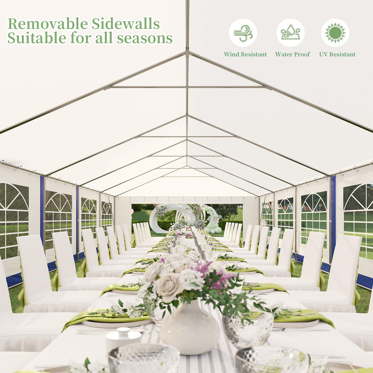 LUXOAK 13x26FT Large Outdoor Event Shelter, Wedding Party Tent with Sidewall Windows & 2 Side Doors, Heavy Duty Canopy Gazebo Tent for Garden Patio Carport/White with Blue Stripes LUXOAK