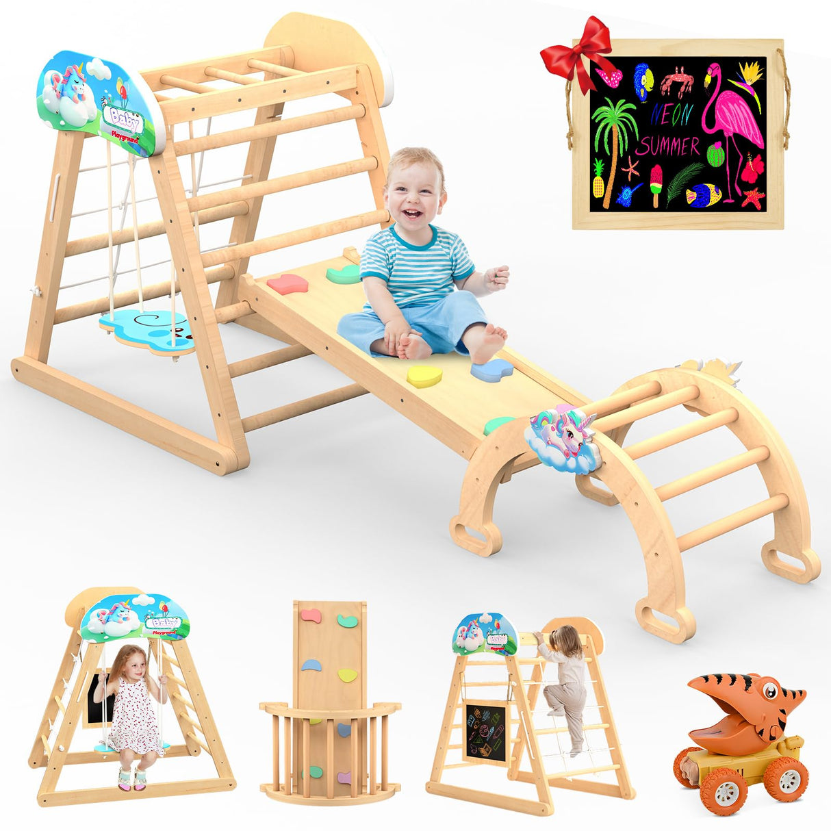 10 in 1 Pikler Triangle Set, Wooden Toddler Climbing Toys, Montessori Jungle Gym Indoor Playground with Swing Slides, Climbing Wall Net, Arch for Kids Boys and Girls Andrti