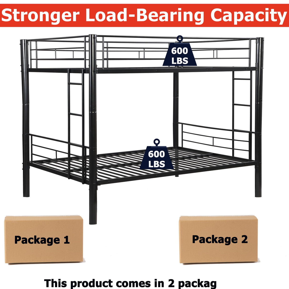 ZMIZAKOY Heavy Duty Full Over Full Bunk Bed for Kids Adults Teens, Metal Bunk Bed Full Over Full with Sturdy Guard Rail & 2 Side Ladders, Convertible Bunkbed,No Box Spring Needed (Black) ZMIZAKOY