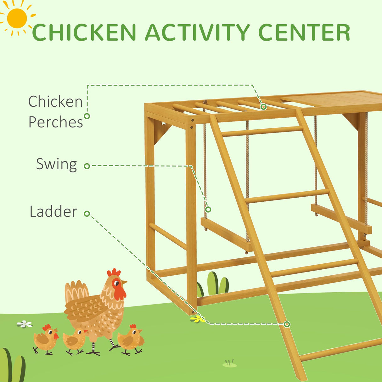 PawHut Chicken Activity Play with Swing Set for 3-4 Birds, Wooden Chicken Coop Accessory with Multiple Chicken Perches & Hen Ladder, Natural PawHut