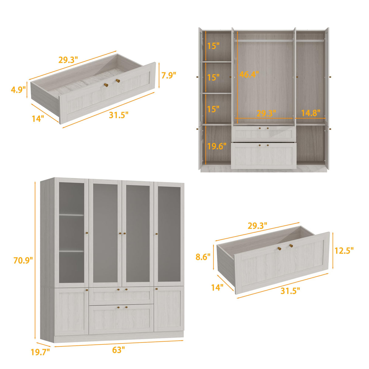 Homsee Armoire Wardrobe Closet with 4 Frosted Glass Doors, Hanging Bars, Shelves & Drawers, Wooden Closet Storage Cabinet for Bedroom, Warm Grey (63”L x 19.7”W x 70.9”H) Homsee