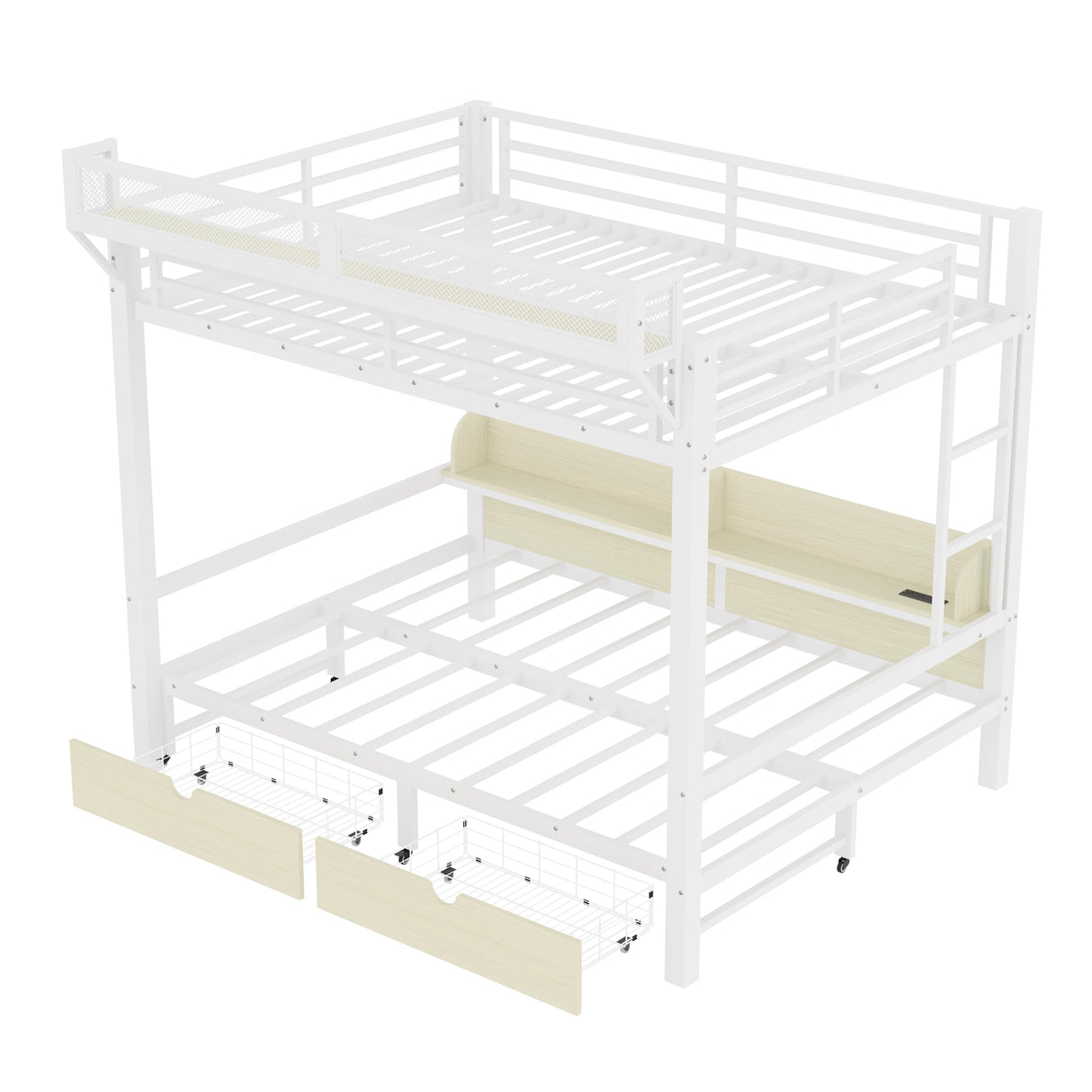 Bellemave Queen Over Queen Bunk Bed Frame with Storage Shelves & Drawers, Metal Bunk Bed Queen Over Queen with Charging Station & LED Lights, Space Saving Beds Frame Convertible to Sofa Design, White Bellemave