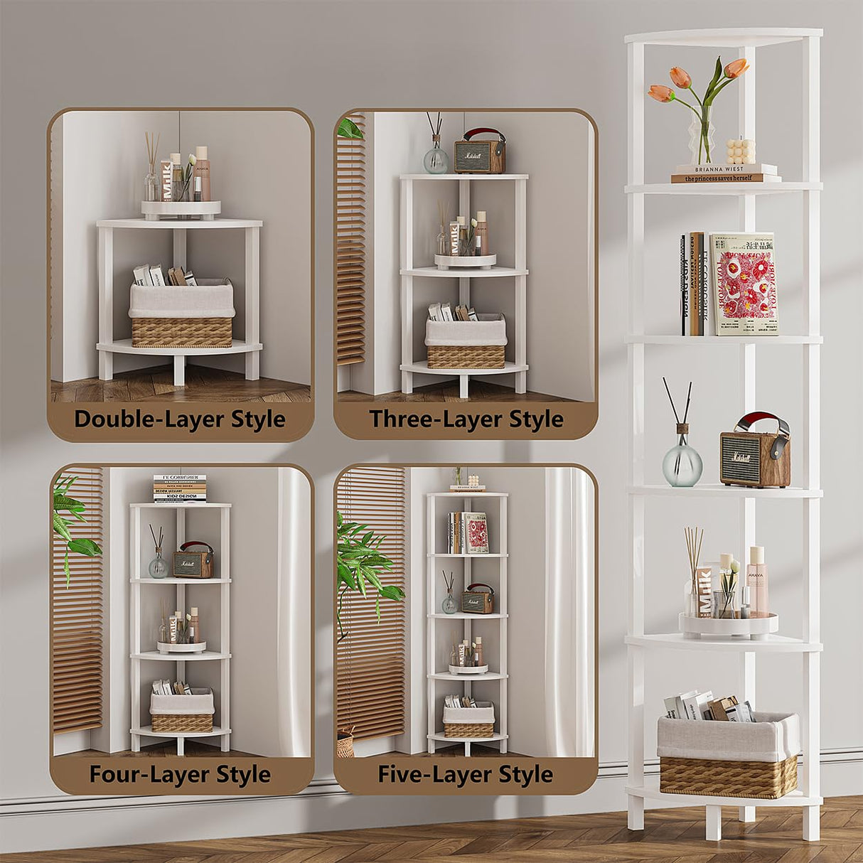 VIMBER Corner Shelf, 6-Tier Corner Bookshelf, Industrial Corner Ladder Shelf, DIY Storage Shelves, Modern Display Shelf for Living Room, Bedroom, Kitchen, Home Office, White UJSJ004W VIMBER