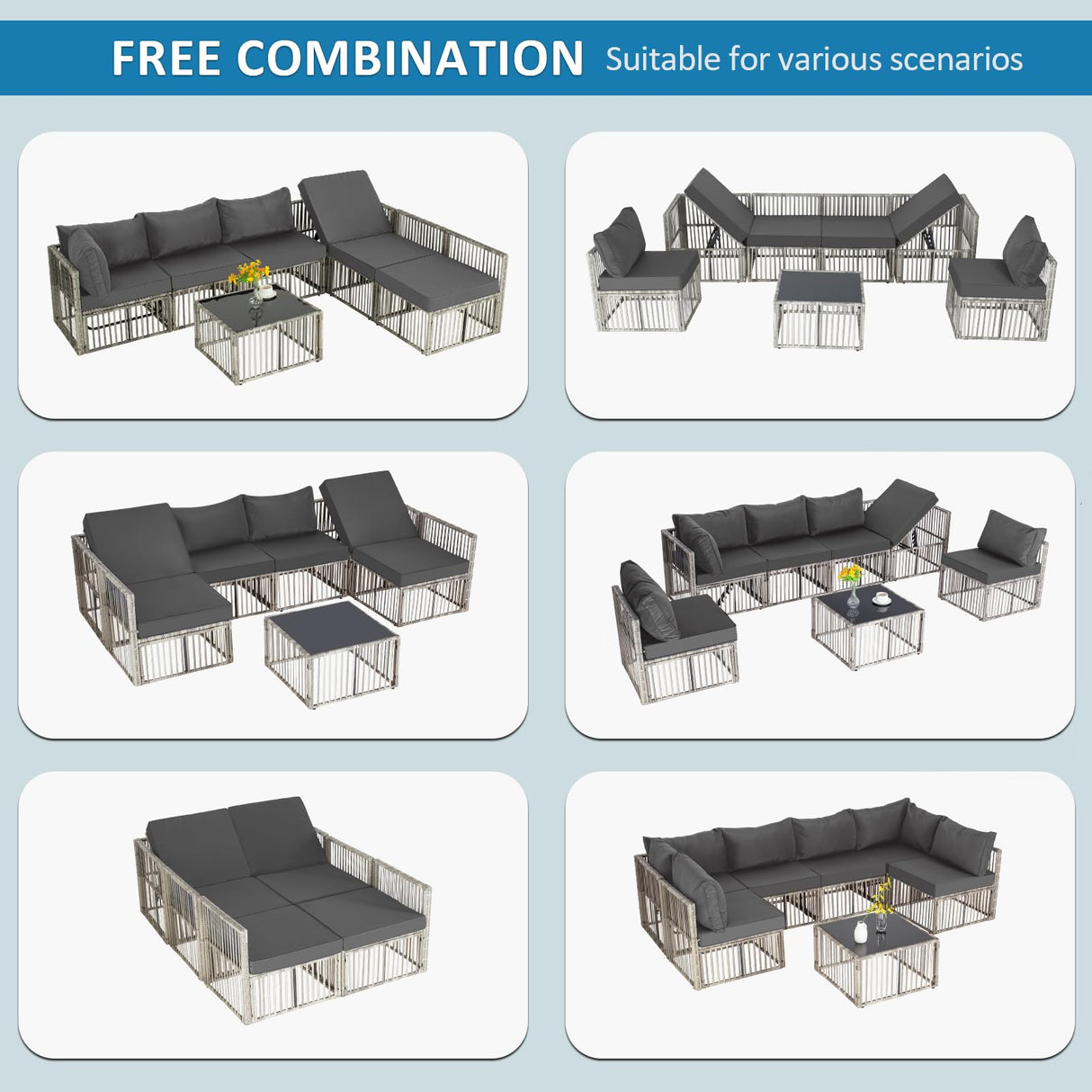 FHFO 7 Pieces Outdoor Patio Furniture Set, Wicker Outdoor Sectional Conversation Couch Set with Adjustable Backrest Sofa, Grey Cushions & Coffee Table for Outside,Garden,Deck,Grey FHFO
