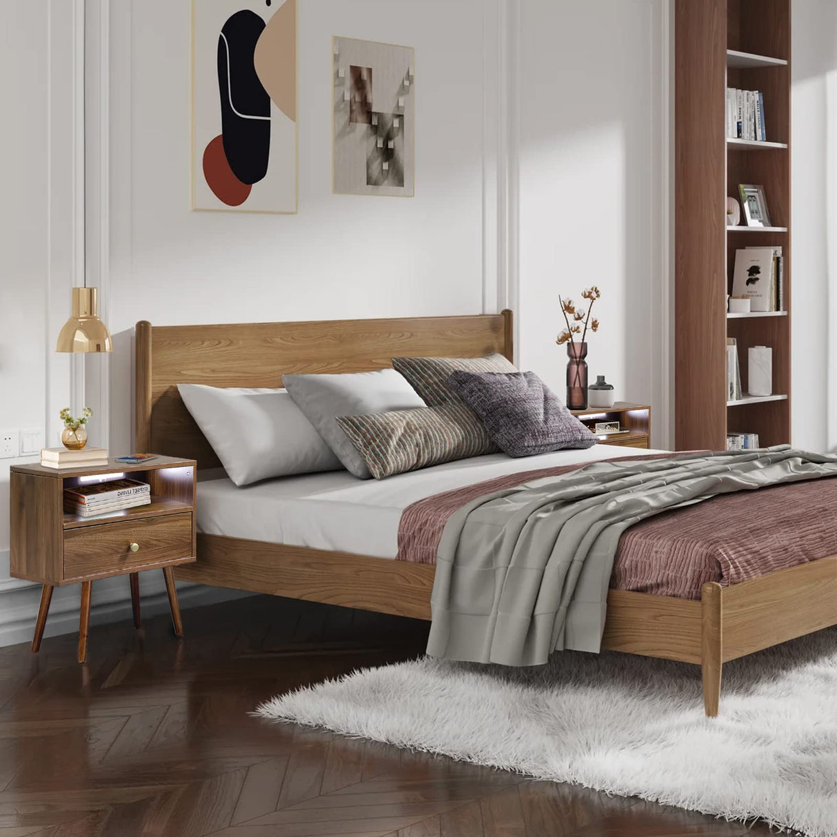 Wood Nightstand with Wireless Charging Station and Led Light - 20"W x 14"D x 24"H Mid Century Modern Nightstand with Charging Station, Walnut Nightstand with One Drawer, Outlet on Left,Solid Wood Legs Caredear