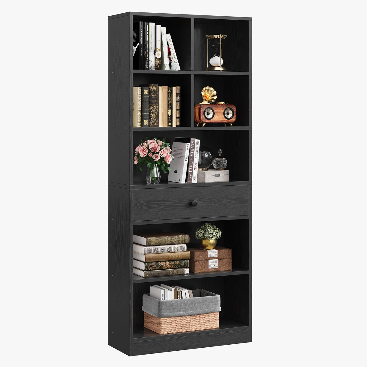 IRONCK Bookcase and Bookshelves, 70" Tall Bookshelf Floor Standing 6 Tiers Display Storage Shelves, Book Shelf with Drawers for Home Office, Living Room, Bedroom, Library, Black IRONCK