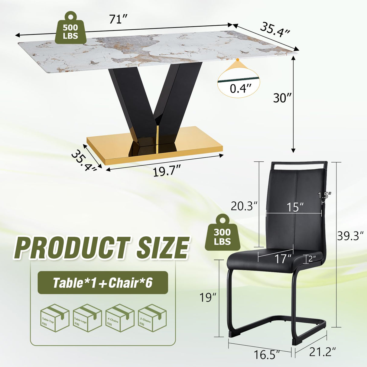 CGHIJDM 71'' Dining Table Set for 6,Modern Dining Room Table Set for 6,Marble Dining Table with 6 PU Leather Dining Chairs,Gold Dining Room Table with Glossy V-Shaped Base Ideal for Kitchen CGHIJDM