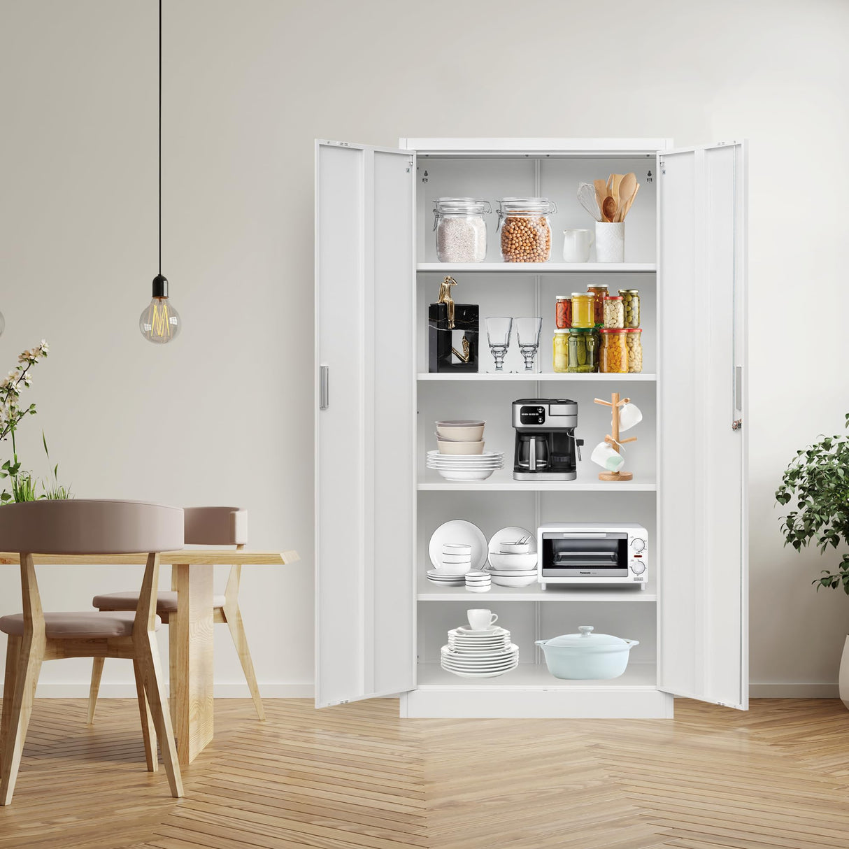 CMY Metal Storage Cabinet with Locking Doors and Adjustable Shelves, 72”H Steel Storage Cabinets for Garage, Home Office, Pantry (White) CMY