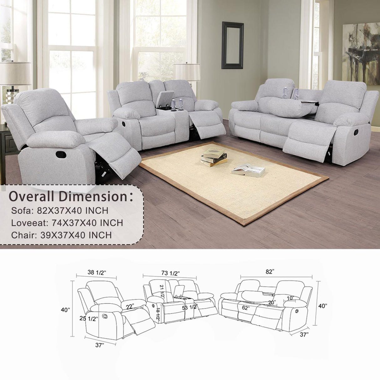 GEBADOL Manual Recliner Sofa Set, 3 Pieces Reclining Sofa Loveseat with Chair, Grey White Microfiber Recliner Couch Set for Living Room GEBADOL