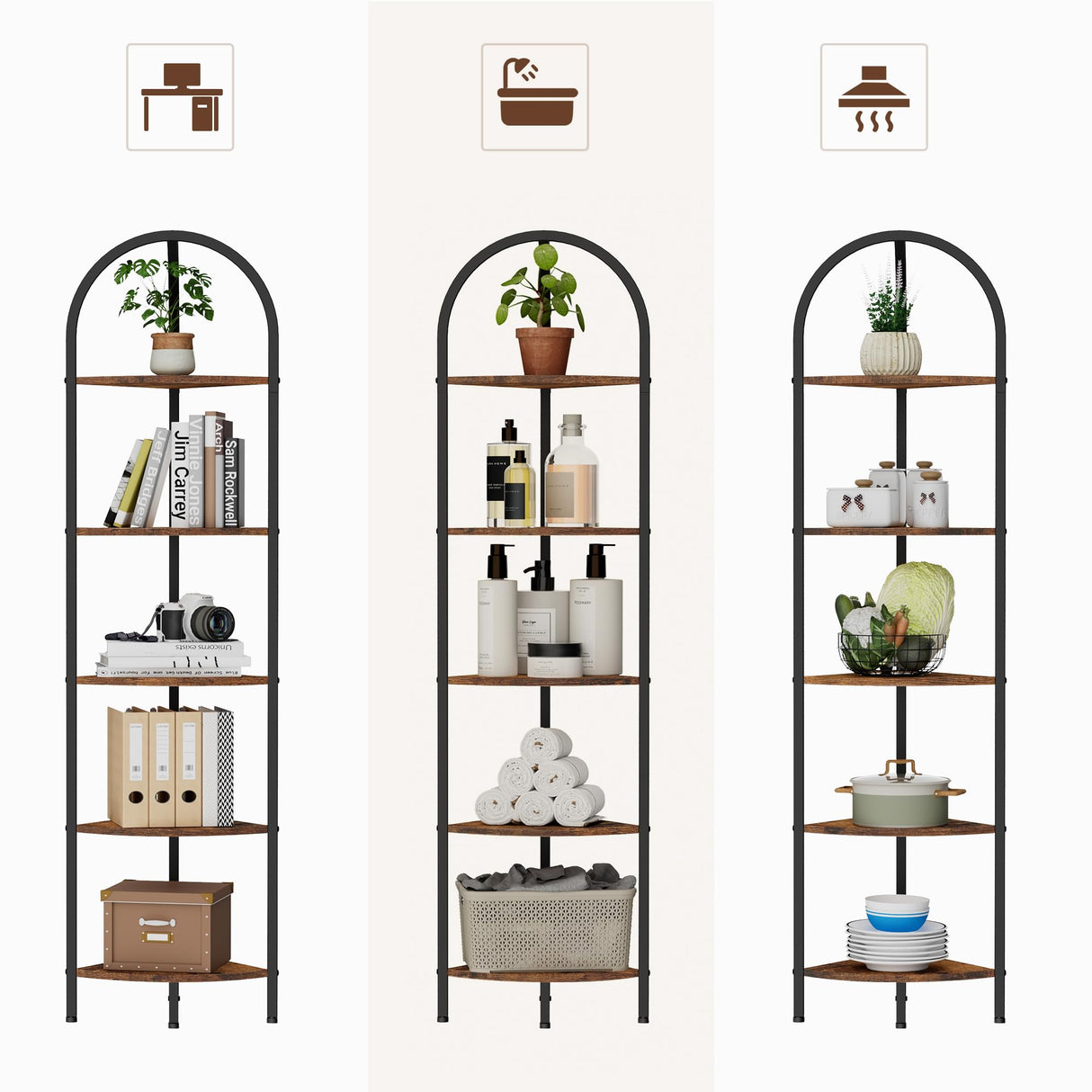 Homhedy 5-Tier Corner Shelf Stand, Wall Corner Bookshelf with Metal Frame, Bathroom Storage Rack Shelf, Plant Stand, Industrial Style,Rustic Brown and Black Homhedy