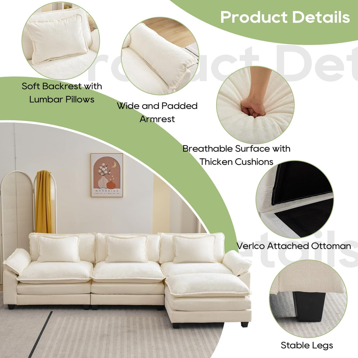 Oprisen Modular Sectional Sofa, Comfy Cloud Couch Sectional Sofa with Ottoman, Chenille Sofa Sleeper Deep Seat Sofa with Throw Pillows for Living Room (Beige White, 120"- L Shape) Oprisen