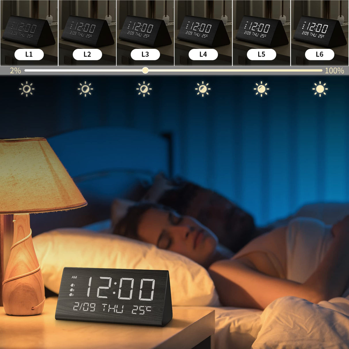 JALL Digital Alarm Clock, with Wooden Electronic LED Time Display, 3 Alarm Settings, Weekday/Weekend Mode, Temperature Detect, Wood Made Electric Clocks for Office, Bedroom, Bedside (Black) JALL