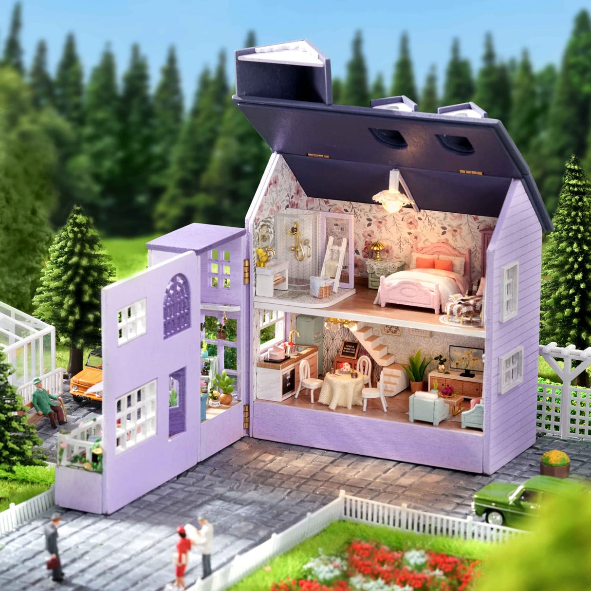 CUTEROOM Dollhouse Miniature with Furniture, DIY Wooden Dollhouse Kit Plus LED Lights, Creative Room for Valentine's Day Gift Idea (D032) CUTEROOM