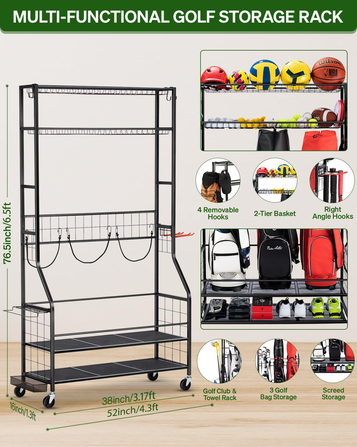 FHXZH Golf Bag Storage Garage Organizer, 3 Golf Bag Stand and Sports Equipment Storage Rack for Garage with Wheels, 4 Hooks, Golf Accessories Storage Rack with Extra Golf Clubs Display Rack FHXZH