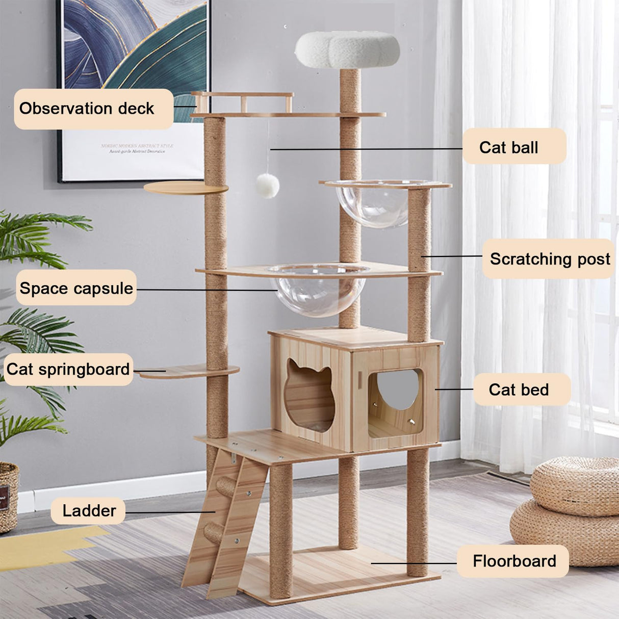 67-Inch Cat Tree for Indoor Cats Large Adult,Cat Tree Tower with Condo, Cat Stairs, 2 Bowl,14 Sisal Scratching Posts, Top Perch, with Padded Platform Bed,Toy Balls,Larg Large cat Tree.B12 Yinanroa