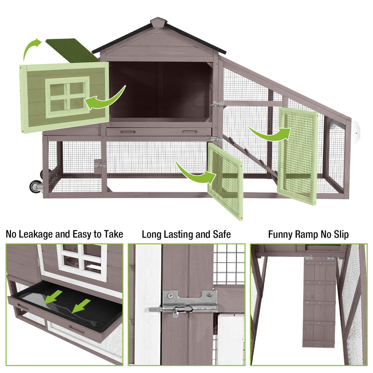 GUTINNEEN Chicken Coop Mobile Chicken House On Wheel Outdoor Rabbit Hutch for 2-4 Chickens 67"(Blown) GUTINNEEN