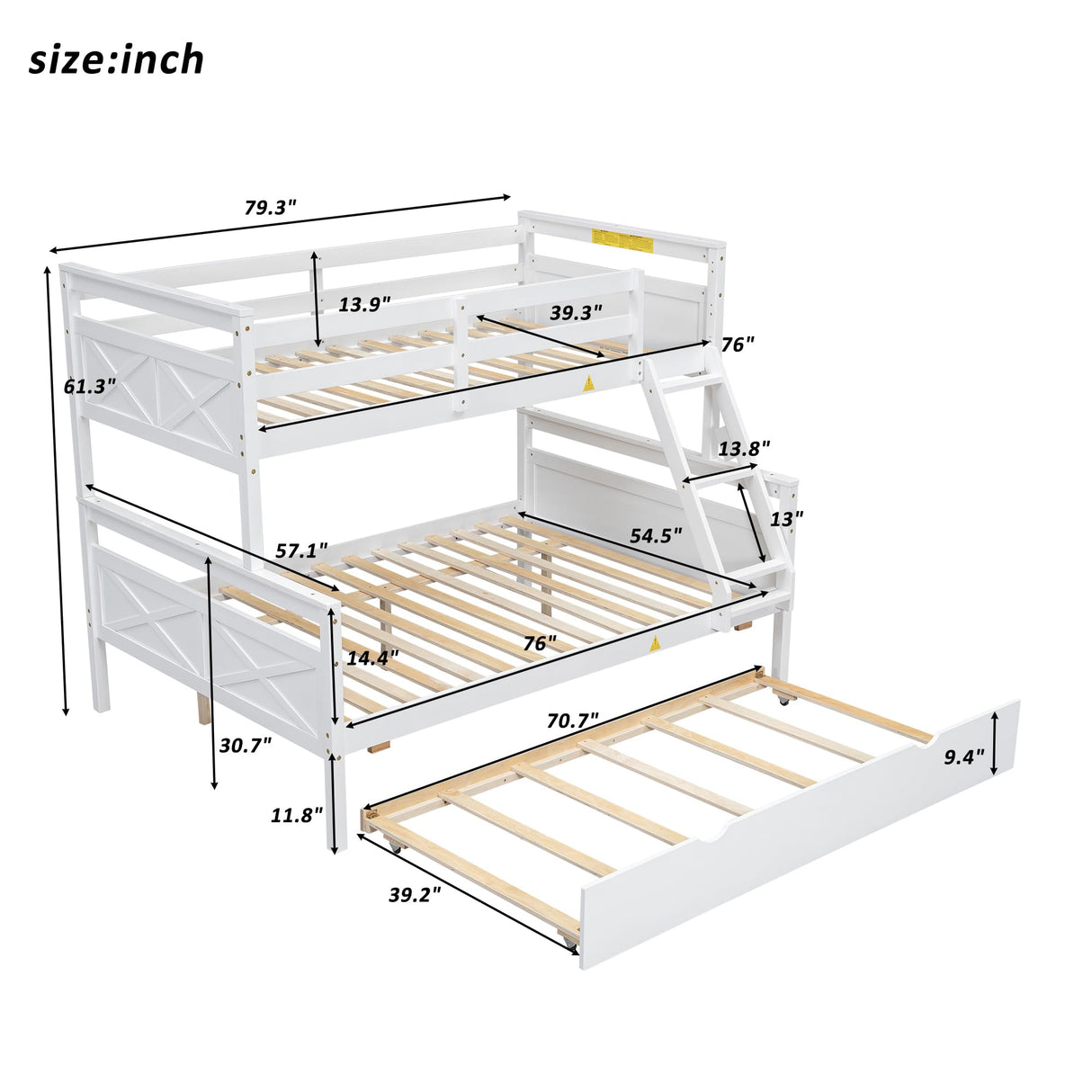 Merax Trundle Bunk Bed, Twin Over Full Wood Bunk Bed with Twin Size Trundle, Solid Wood Bunk Bed Frame with Guardrail and Ladder, White Merax