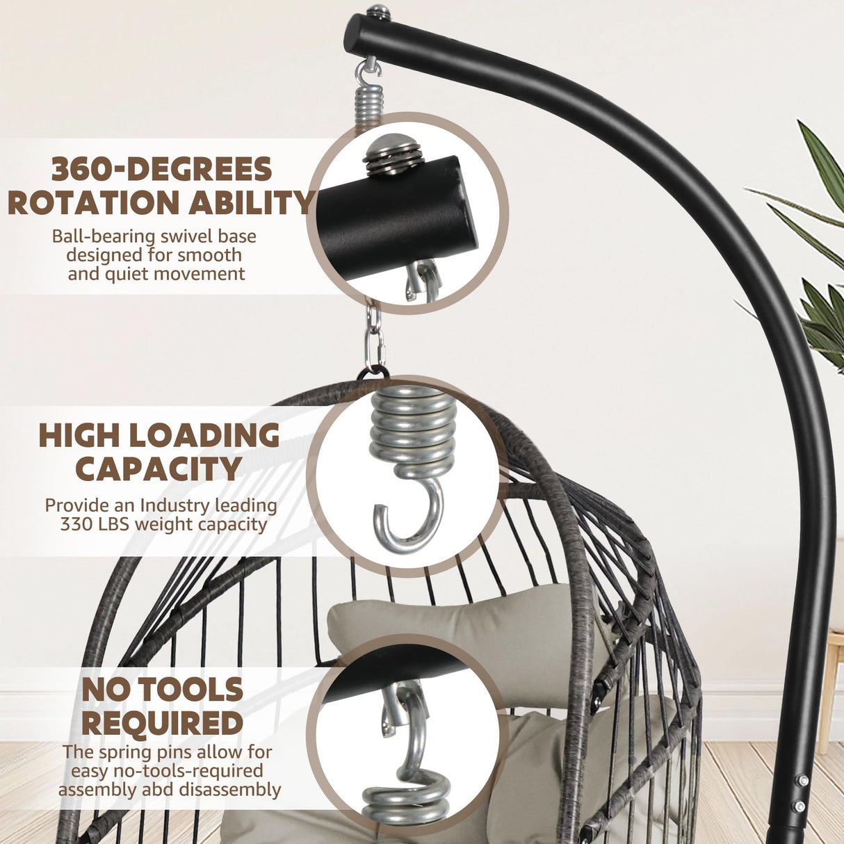 Chihee Egg Chair with Ultra Strong Stand and Cushion Foldable Wicker Rattan Hanging Chair Indoor Outdoor Patio Lounging Chair 330 lbs Capacity Balcony Porch Bedroom Garden Chihee